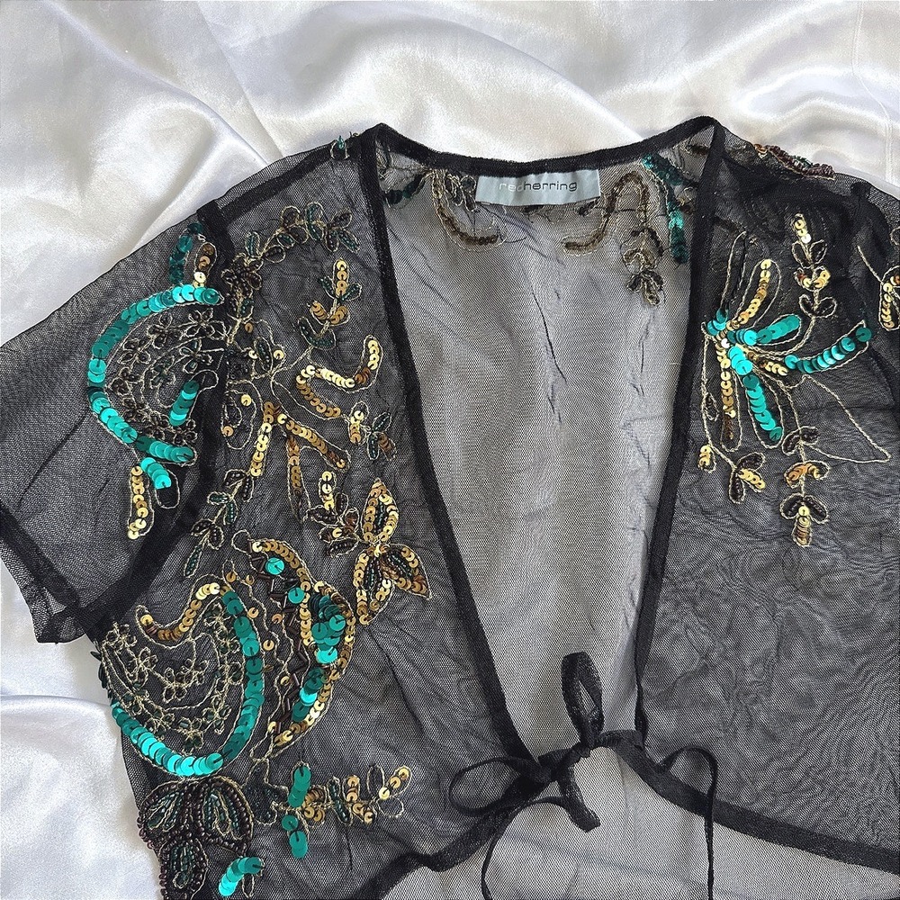 Redherring Black Mesh Sequin Embroidered Tie Front Shrug Bolero Crop Top Womens